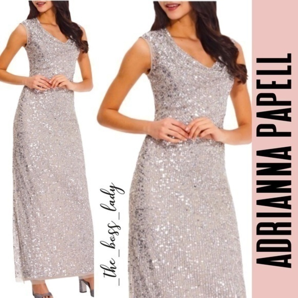 Adrianna Papell dress maxi sequin gown cocktail wedding prom